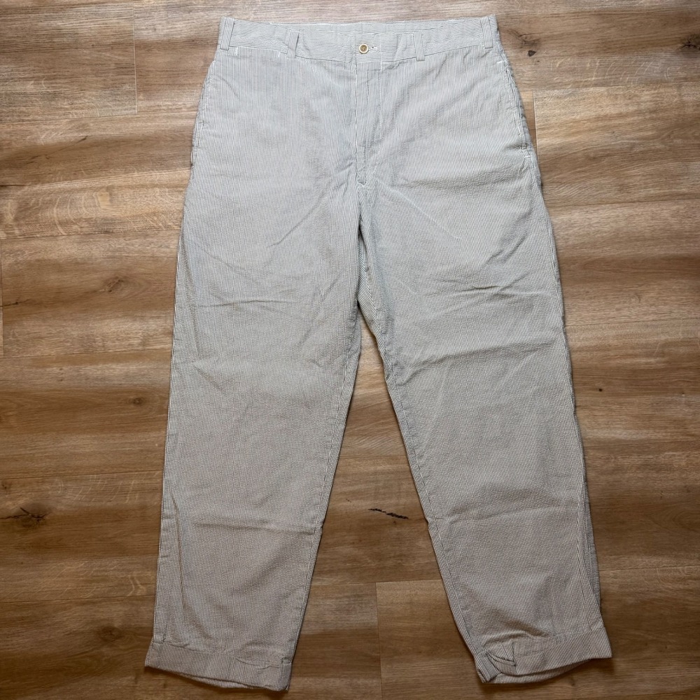 Bills Khakis Seersucker Pants Mens 34x28 Tan White Striped Cuffed Made in USA